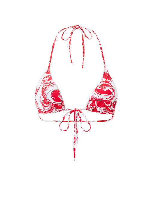 Red and white patterned bikini top on a white background