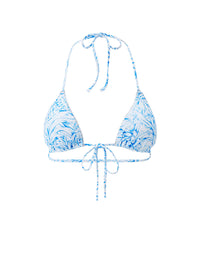 Blue and white patterned bikini top on a white background
