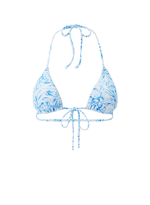 Blue and white patterned bikini top on a white background
