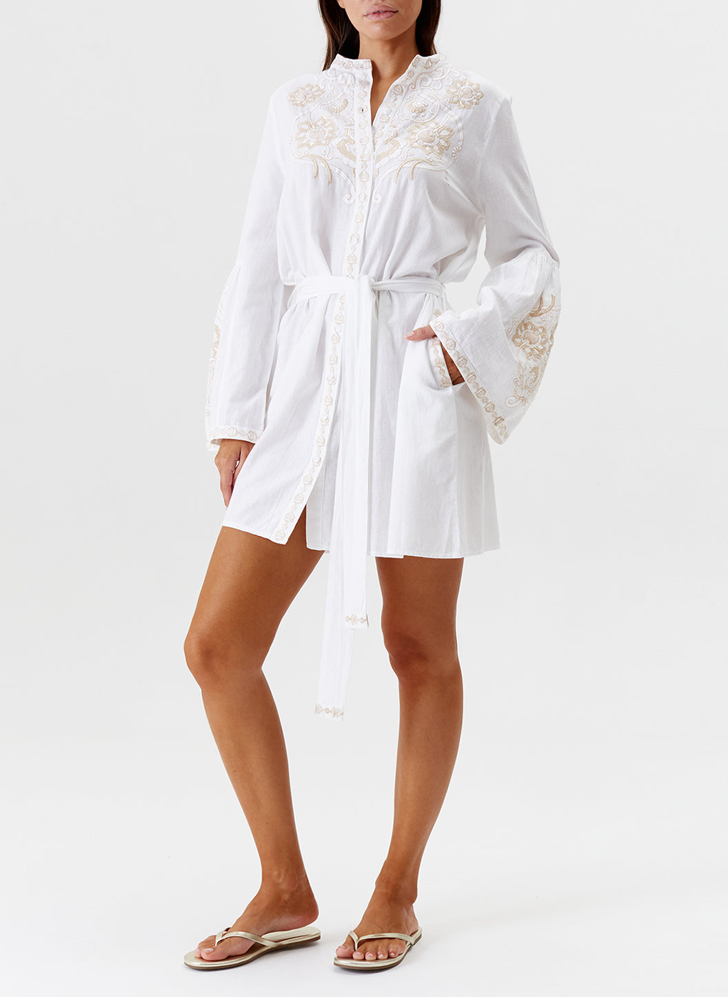 Melissa Odabash Everly White/Tan Embroidered Short Kaftan - 2024 Collection
