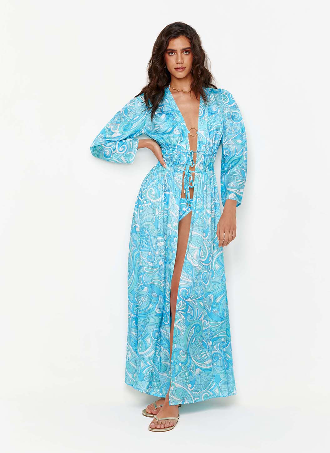 Melissa Odabash Farrah Mirage Blue Long Sleeve Tie Front Beach Jacket - 2024 Collection