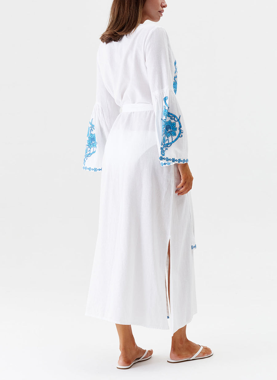 Melissa Odabash Romily White/Blue Embroidered Long Kaftan - 2024 Collection