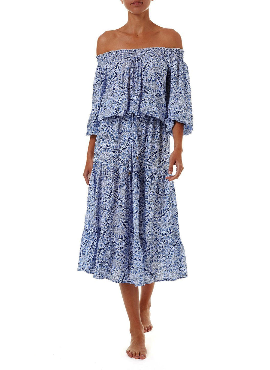 carmen blue fan offtheshoulder midi dress 2019 F