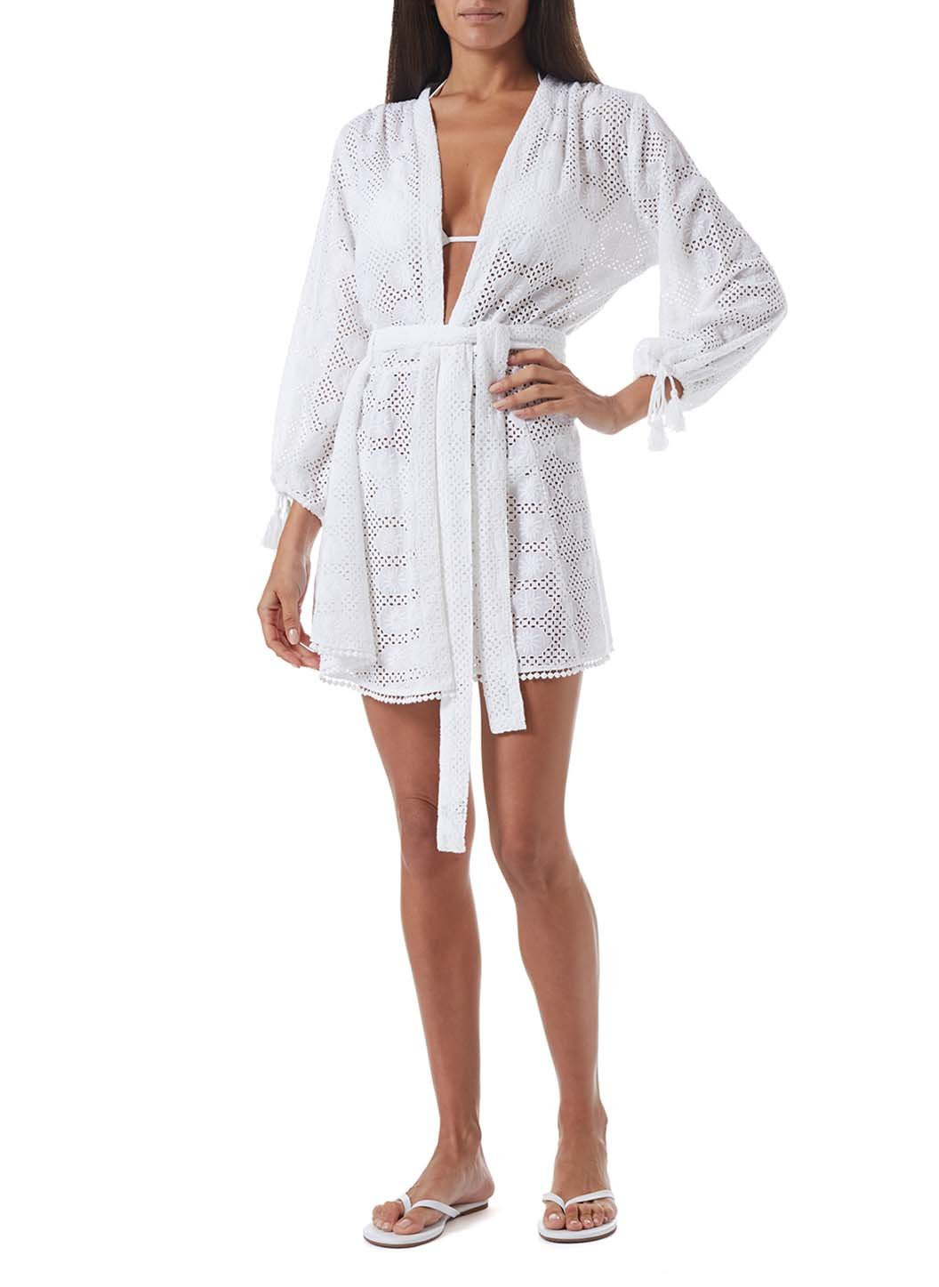 cecily white cut work embroidery belted short kaftan model_F
