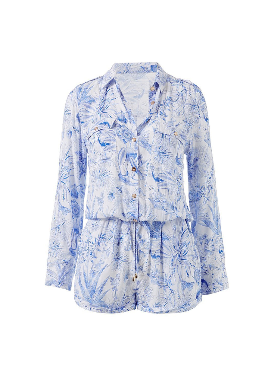 chloe blue tropical utility playsuit