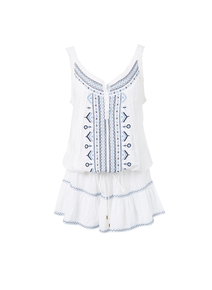 Jaz White Blue Embroidered Over The Shoulder Short Beach Dress | Official EU Site Jaz White Blue Embroidered Over The Shoulder Short Beach Dress | Official EU Site
