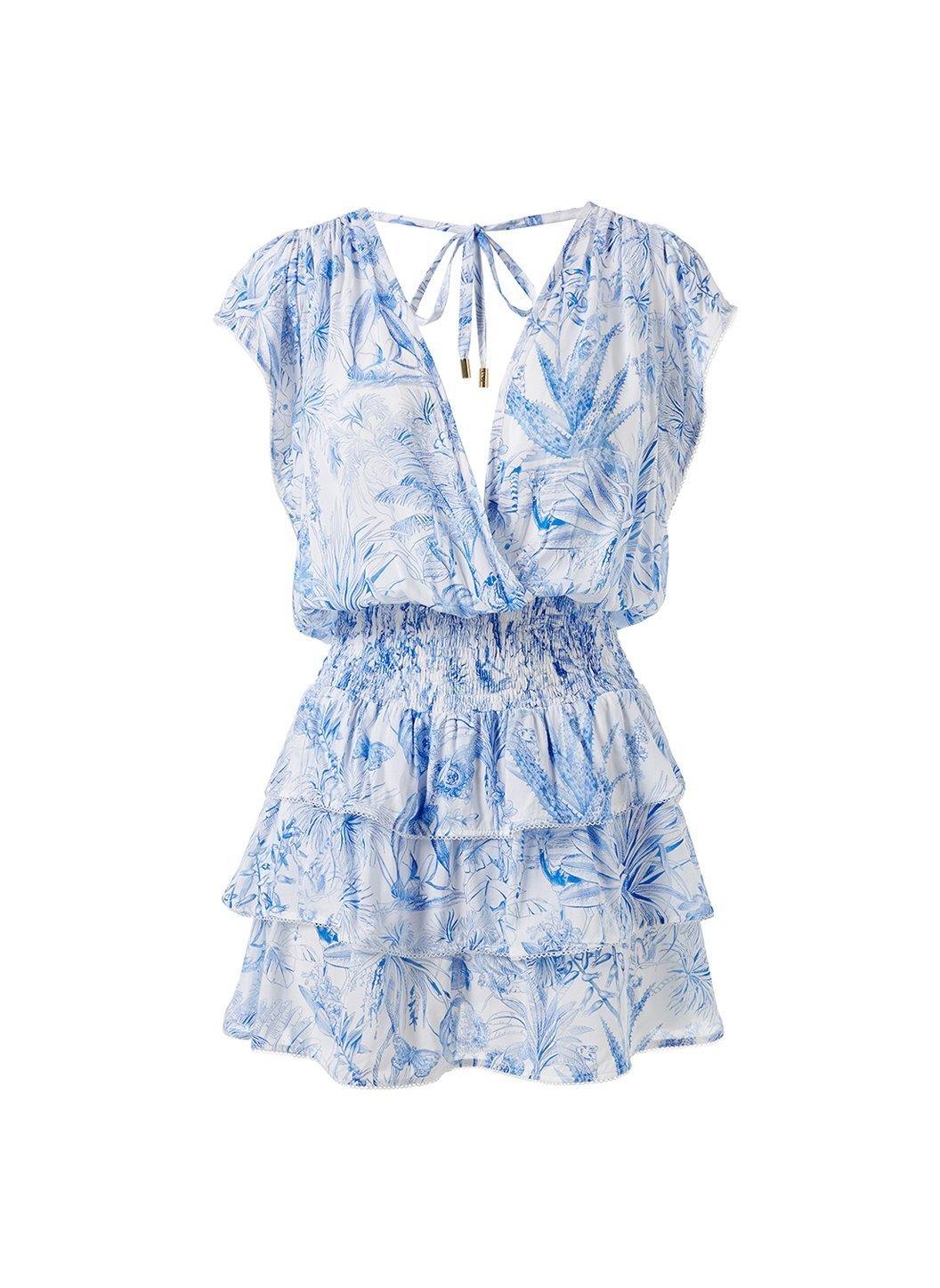 jess blue tropical low v neck short dress