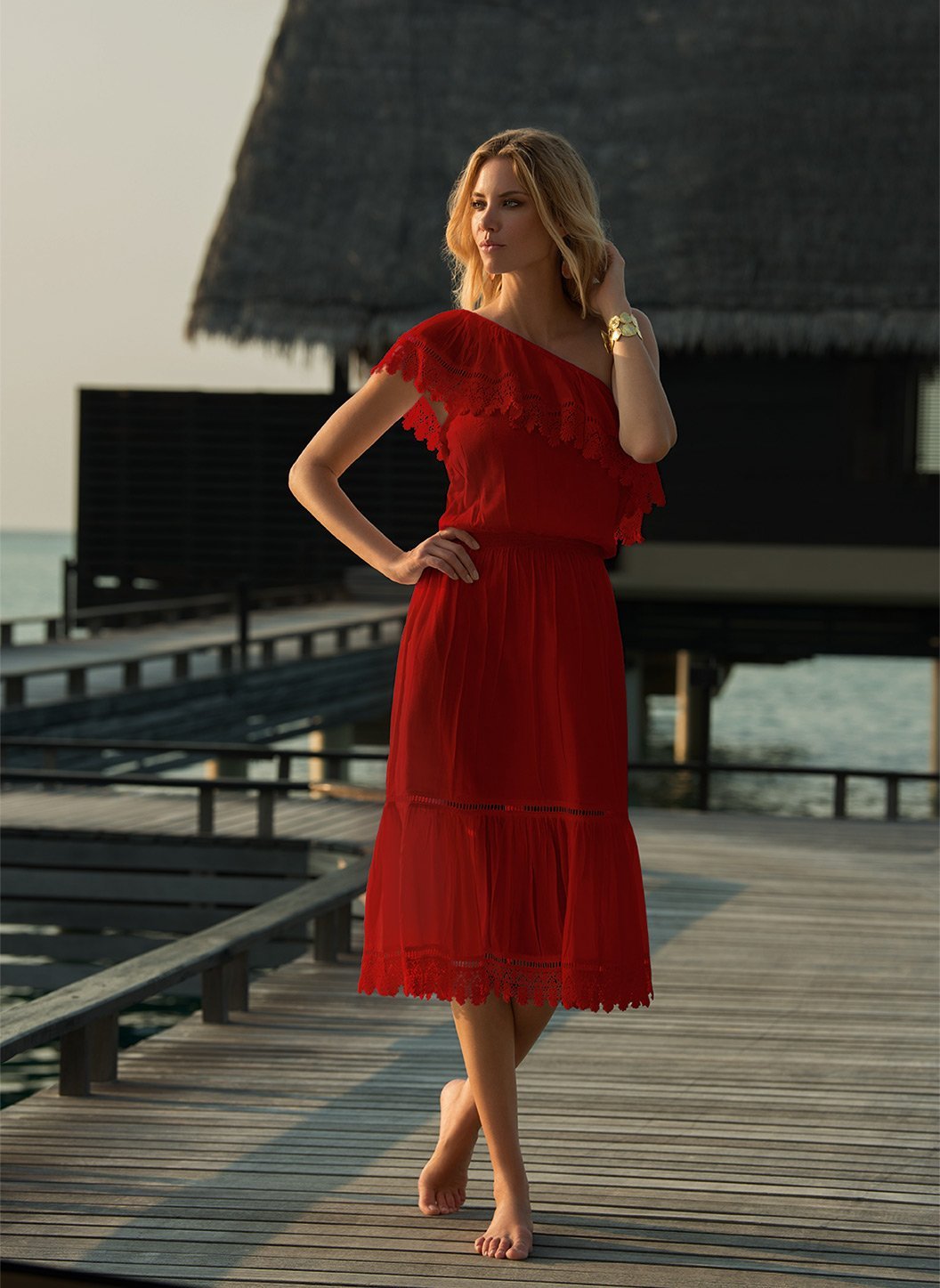 Jo Red One Shoulder Embroidered Frill Midi Dress