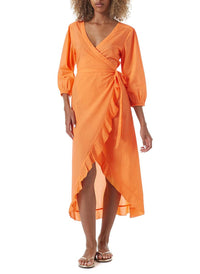 linsay orange frill wrap midi dress model_F