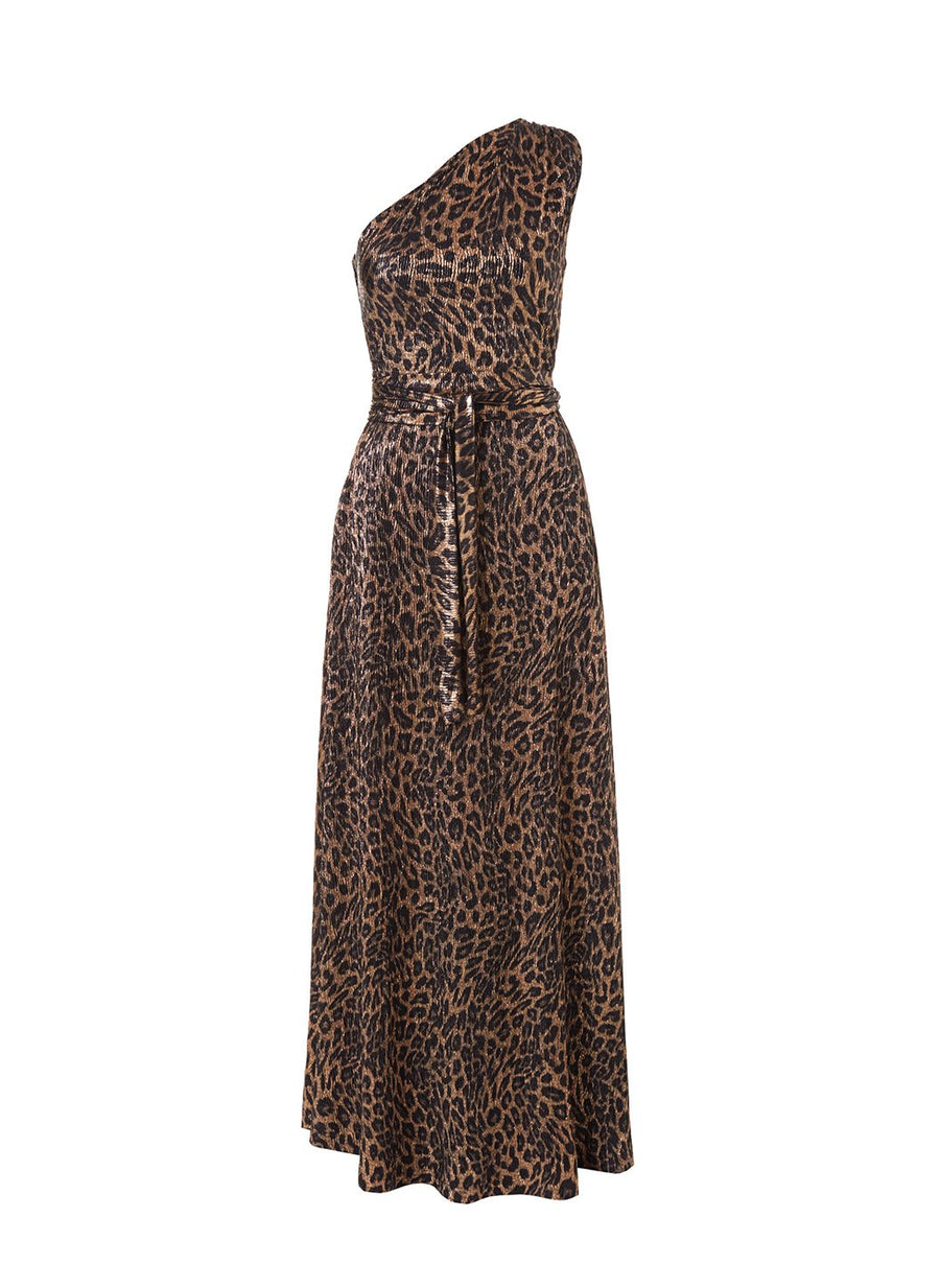 Look 2 One Shoulder Draped Maxi Dress Leopard