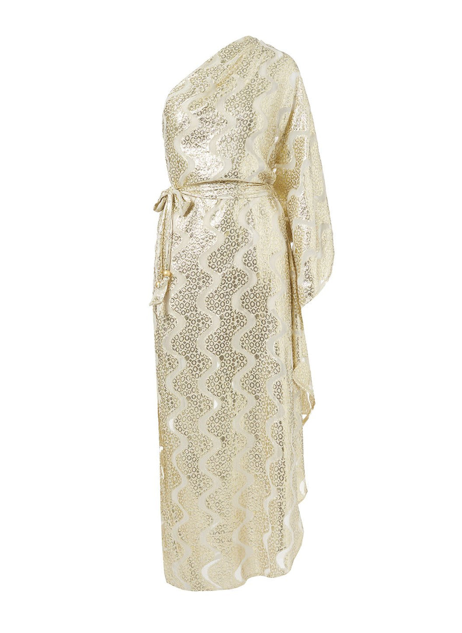Look 6 One Sleeve Belted Maxi Dress Gold Shimmer