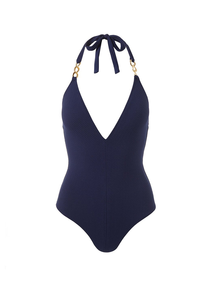 naples navy mazy link trim halterneck swimsuit Cutout