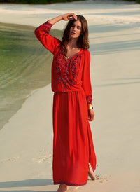 sienna red embroidered 34sleeve maxi dress lifestyle 2019