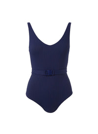 st tropez navy ribbed v neck belted over the shoulder swimsui Cutout
