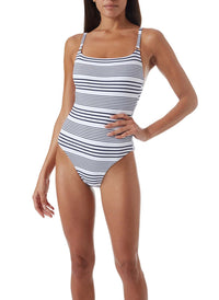tosca nautical pique stripe ring trim over the shoulder swimsuit model_P