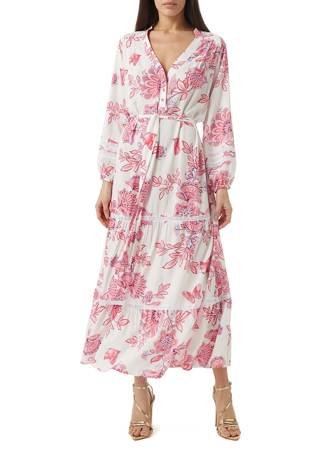 wisteria butterfly print maxi dress posed