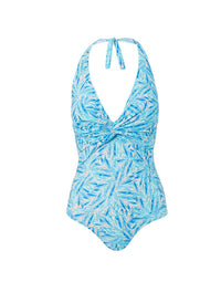 zanzibar blue leaf halterneck ruched knot onepiece swimsuit 2019